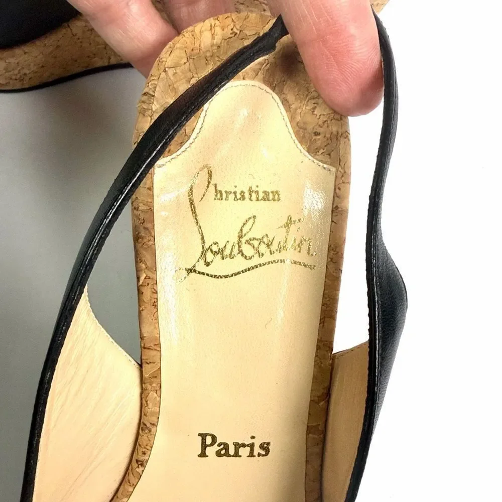 Christian Louboutin Cork Wedges Sandals Black Leather Peep Toe Slingback US 8